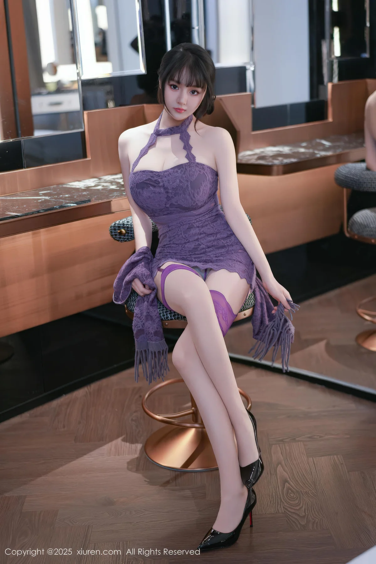 XiuRen 秀人 No.11057 沈南汐RuRu 紫色连衣短裙吊袜黑丝 - 1