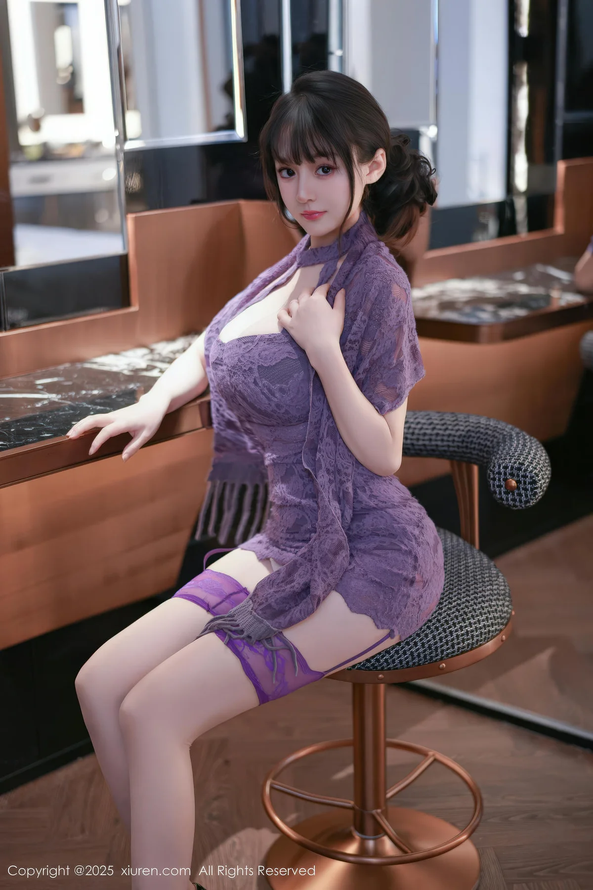 XiuRen 秀人 No.11057 沈南汐RuRu 紫色连衣短裙吊袜黑丝 - 2