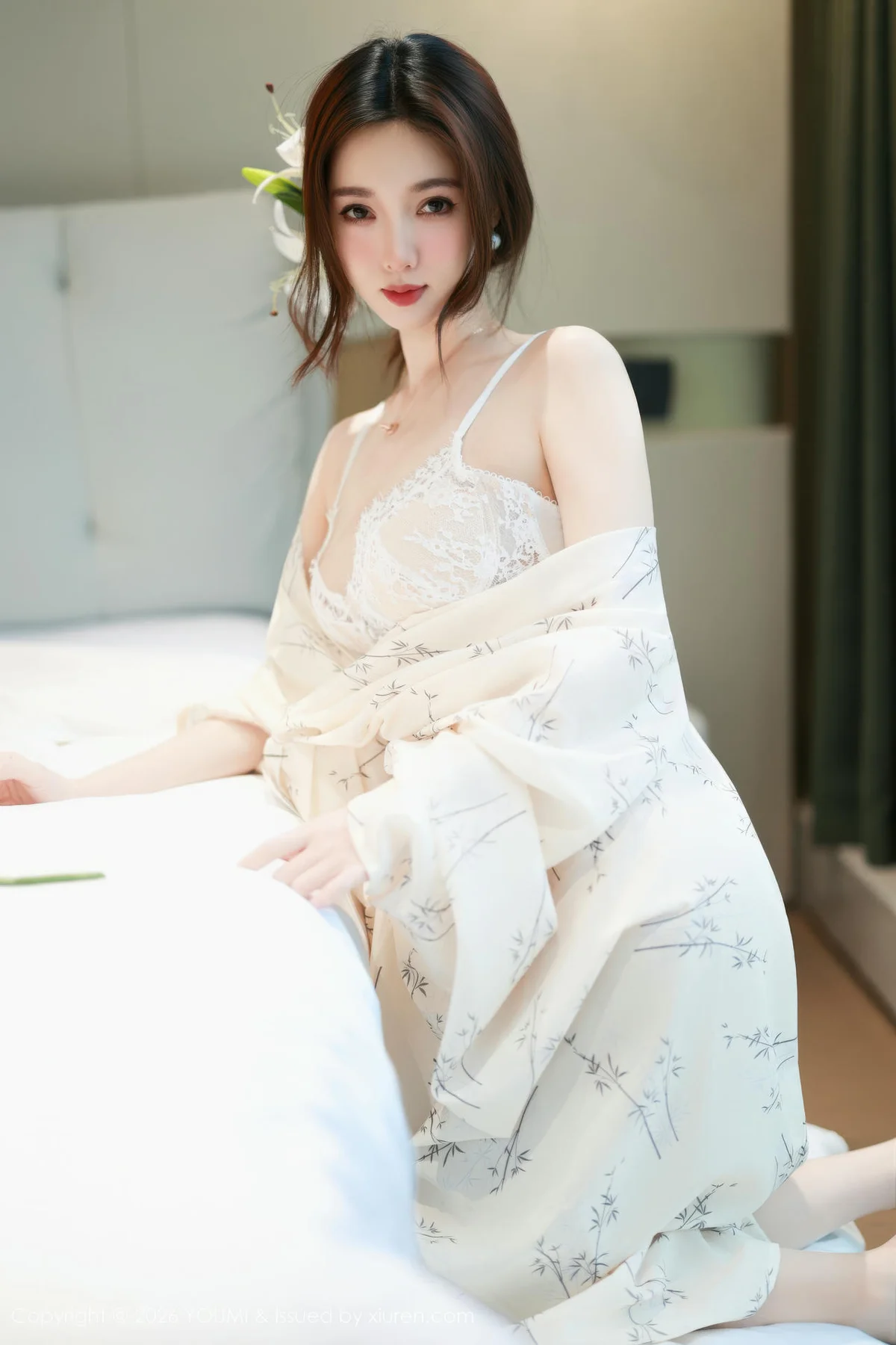 YOUMI 尤蜜荟 Vol.1201 Twins桃桃 白色蕾丝内衣 - 8